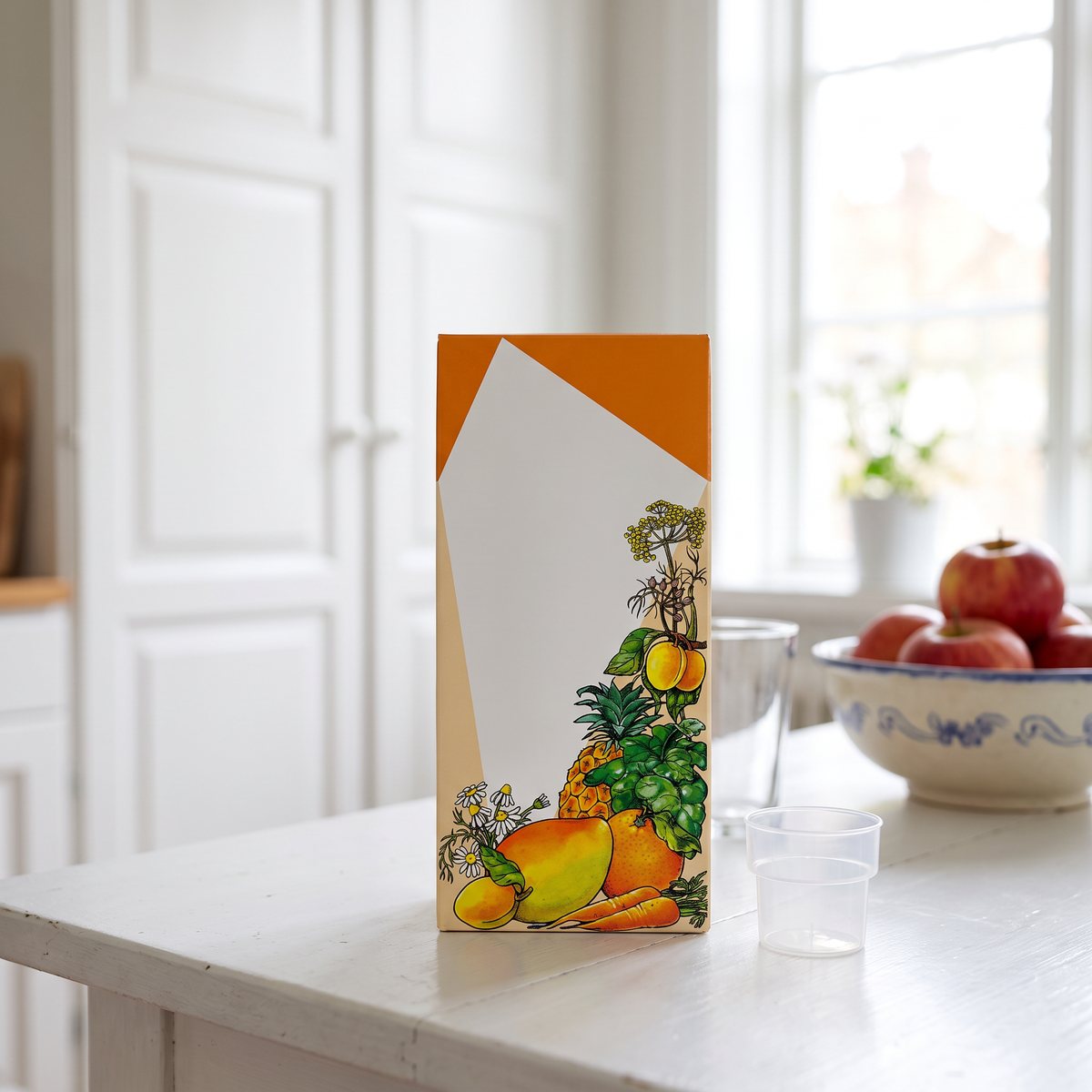 Fruktillustrerad kartong med flytande magnesium och ett doseringsmått på ett vitt köksbord i ett svenskt familjekök