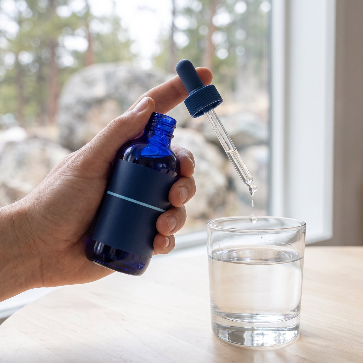 Blå glasflaska med pipett som droppar magnesium i ett vattenglas på ett björkbord i ett svenskt hem med granitberg och tallar utanför fönstret