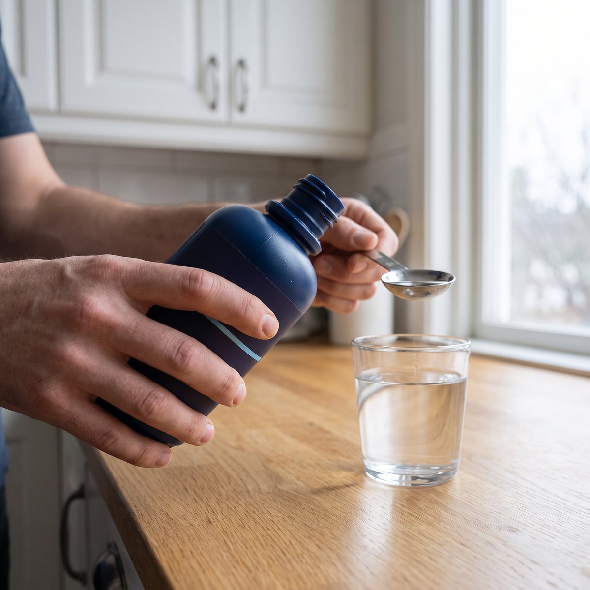 Mörkblå flaska med flytande magnesium och en matsked bredvid ett vattenglas på en köksbänk i ek i ett svenskt kök