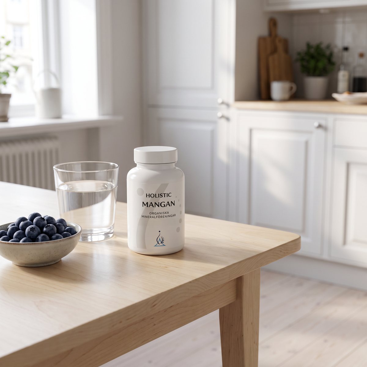 Vit burk med Holistic Mangan på ett björkbord i ett svenskt kök, bredvid ett glas vatten och en skål blåbär.