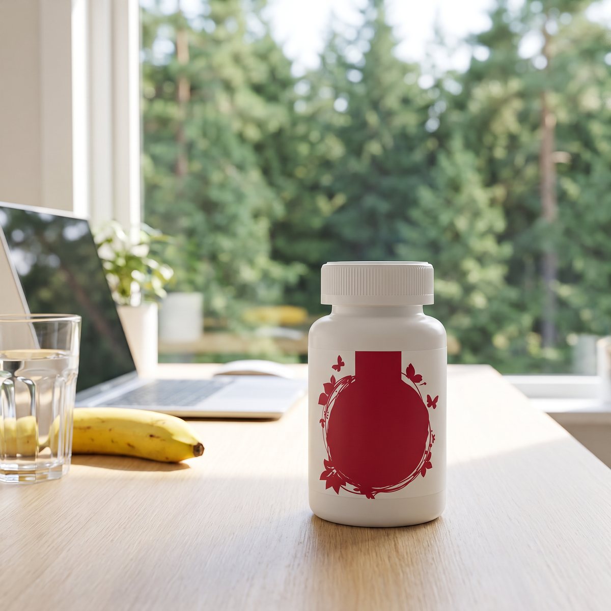 Vit burk med B-komplex på ett skrivbord i ett svenskt hemmakontor med skogsutsikt, vid ett glas vatten och en banan