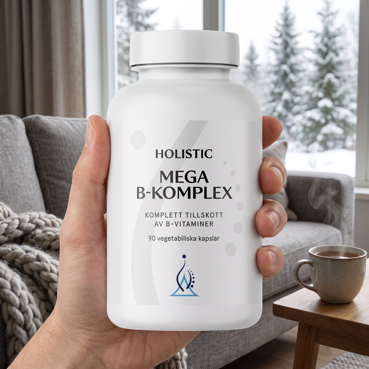 Hand som håller en vit burk med B-komplex i ett svenskt vardagsrum med vinterutsikt över snöiga granar