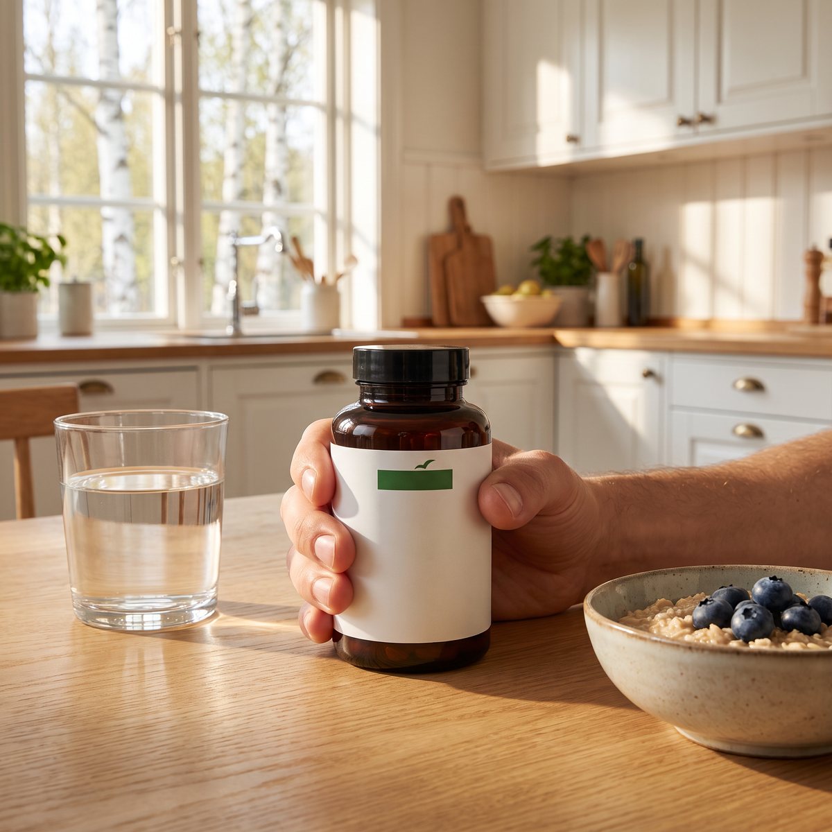 Brun glasburk med B-komplex hålls i handen vid ett frukostbord med havregrynsgröt och ett glas vatten i ett svenskt kök