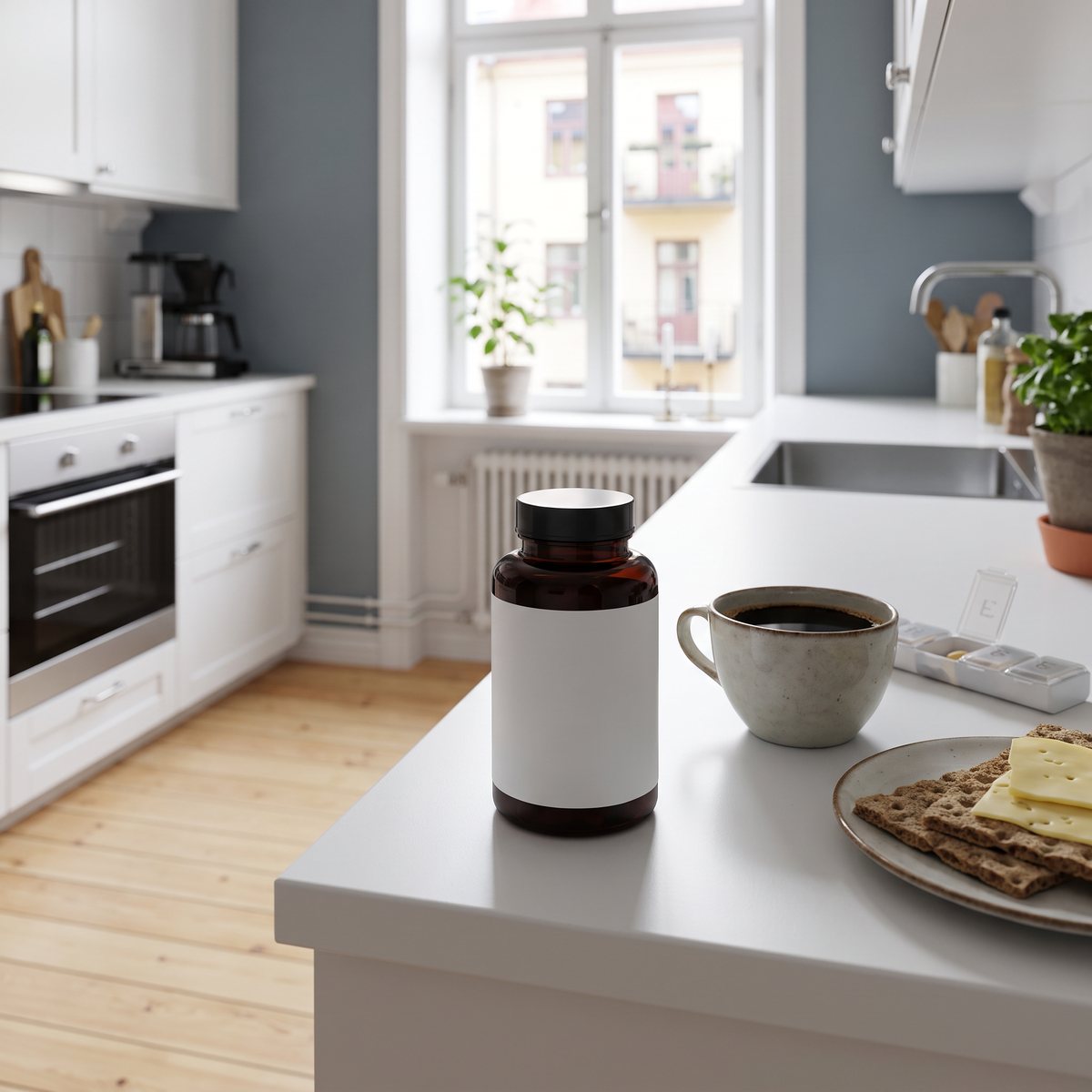 Brun glasburk med Metyl B-50 på en köksbänk bredvid kaffe och knäckebröd i ett svenskt lägenhetskök