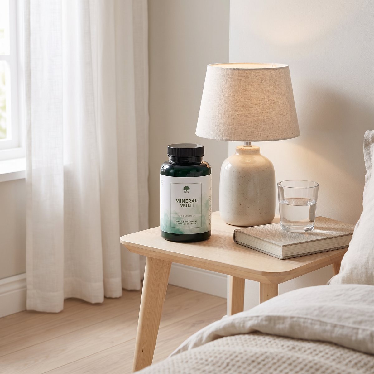 Grön glasburk med G&G Vitamins Mineral Multi på ett sängbord i ett svenskt sovrum, med ett glas vatten