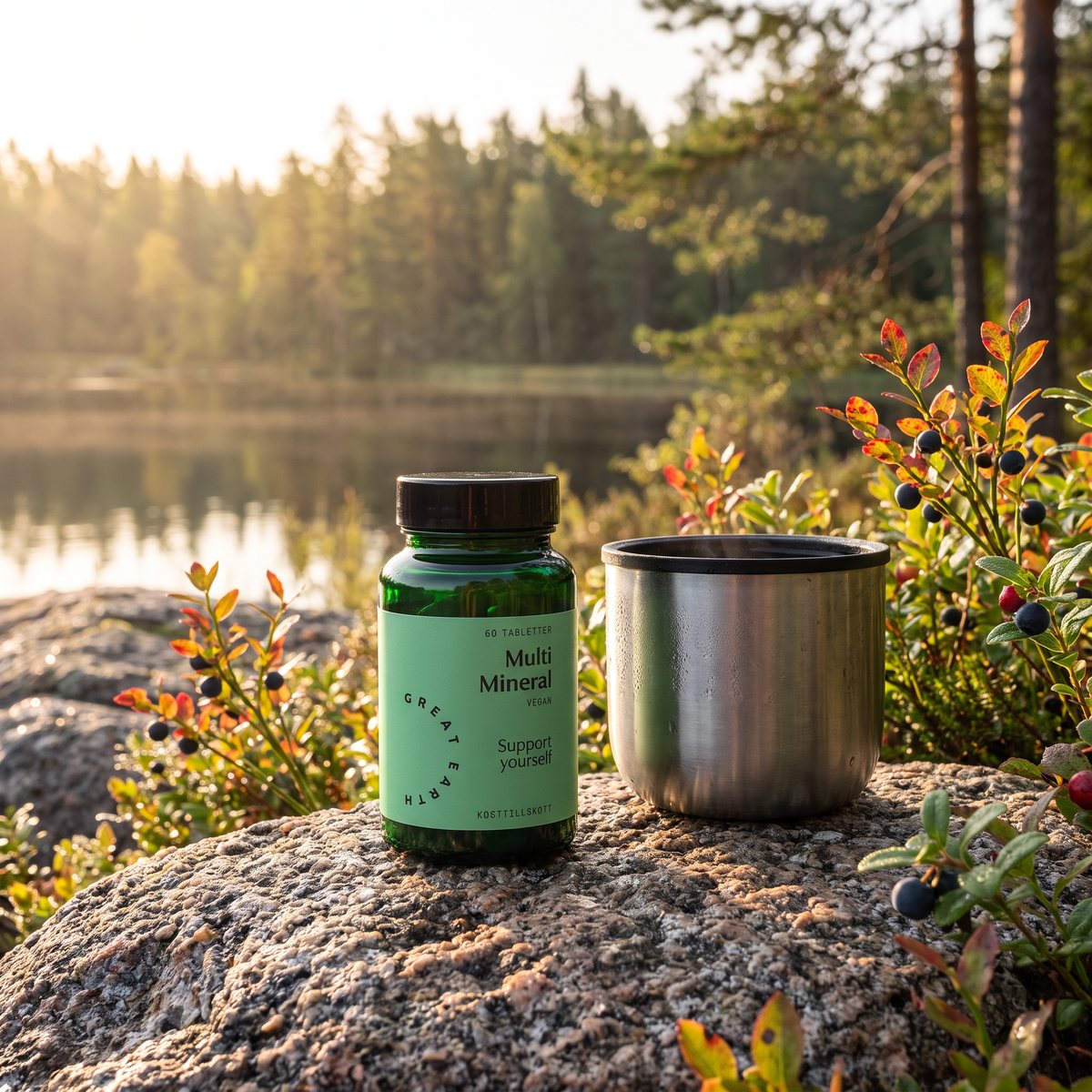 Liten grön burk med Great Earth Multi Mineral på en granithäll vid en svensk skogssjö
