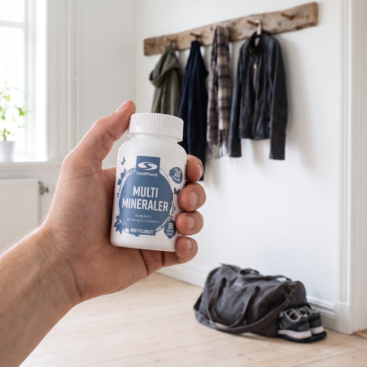 Hand som håller Healthwell MultiMineraler i en ljus svensk hall med träningsväska bredvid
