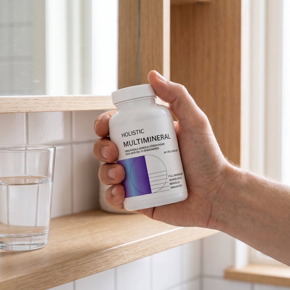 Hand som håller Holistic MultiMineral i ett ljust svenskt badrum, med ett glas vatten på hyllan