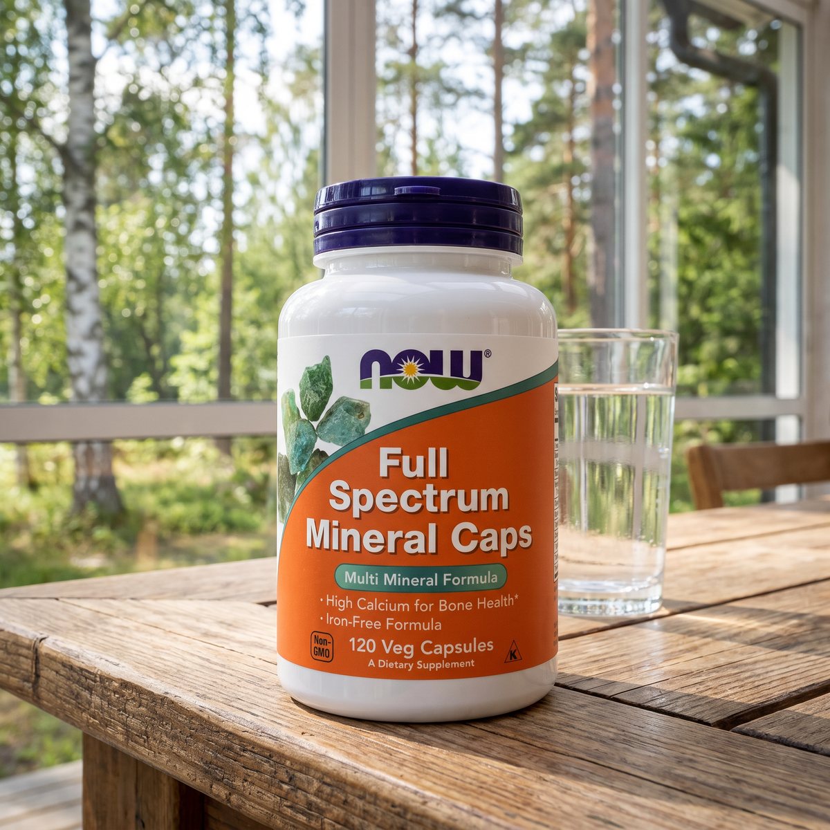 Burk med Now Foods Full Spectrum Multimineral på ett träbord på en glasveranda vid en svensk sommarstuga