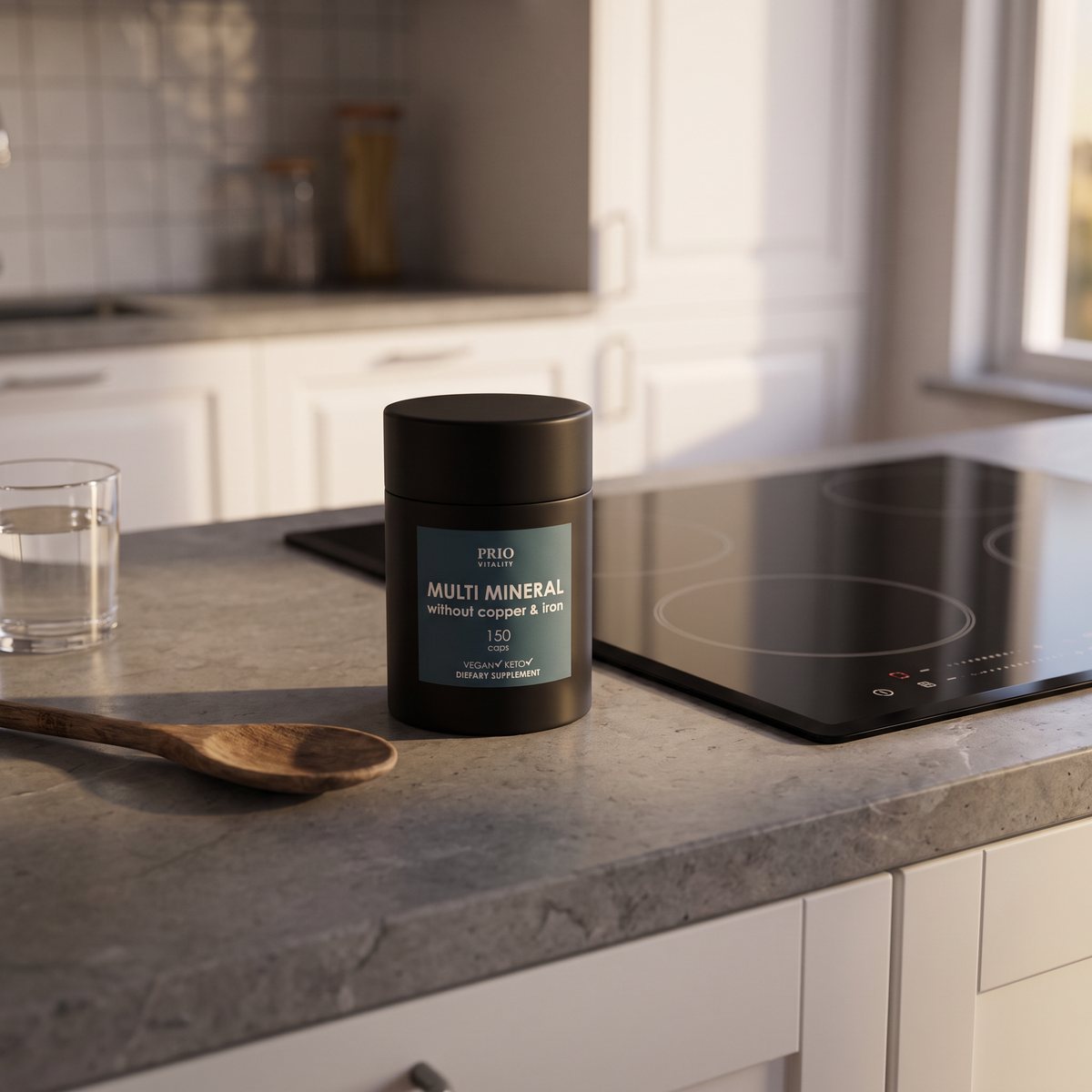 Svart burk med Prio Vitality Multi Mineral på en köksbänk i ett svenskt kök, bredvid ett glas vatten