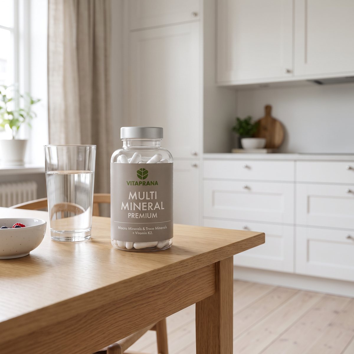 Kapselburk med Vitaprana Multimineral Premium på ett ljust frukostbord i ett svenskt kök, med ett glas vatten bredvid