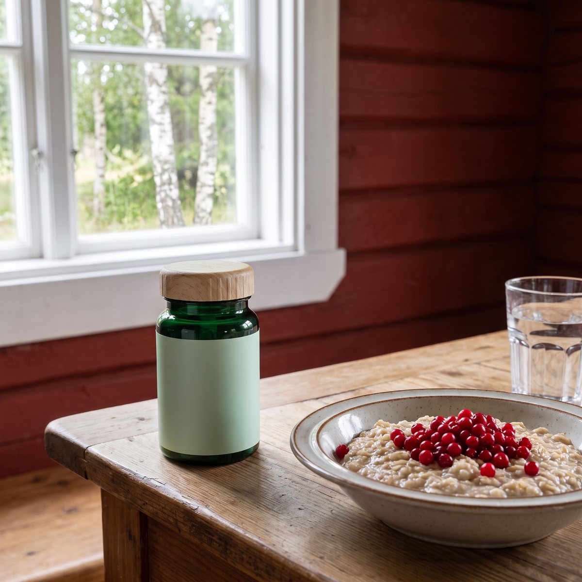 Grön glasflaska med NAD+ och resveratrol på frukostbordet i en svensk stuga