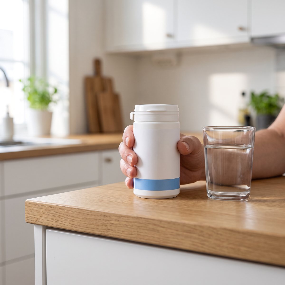 Vit burk med NAD+-kapslar i handen intill ett vattenglas på en köksbänk i ett svenskt kök