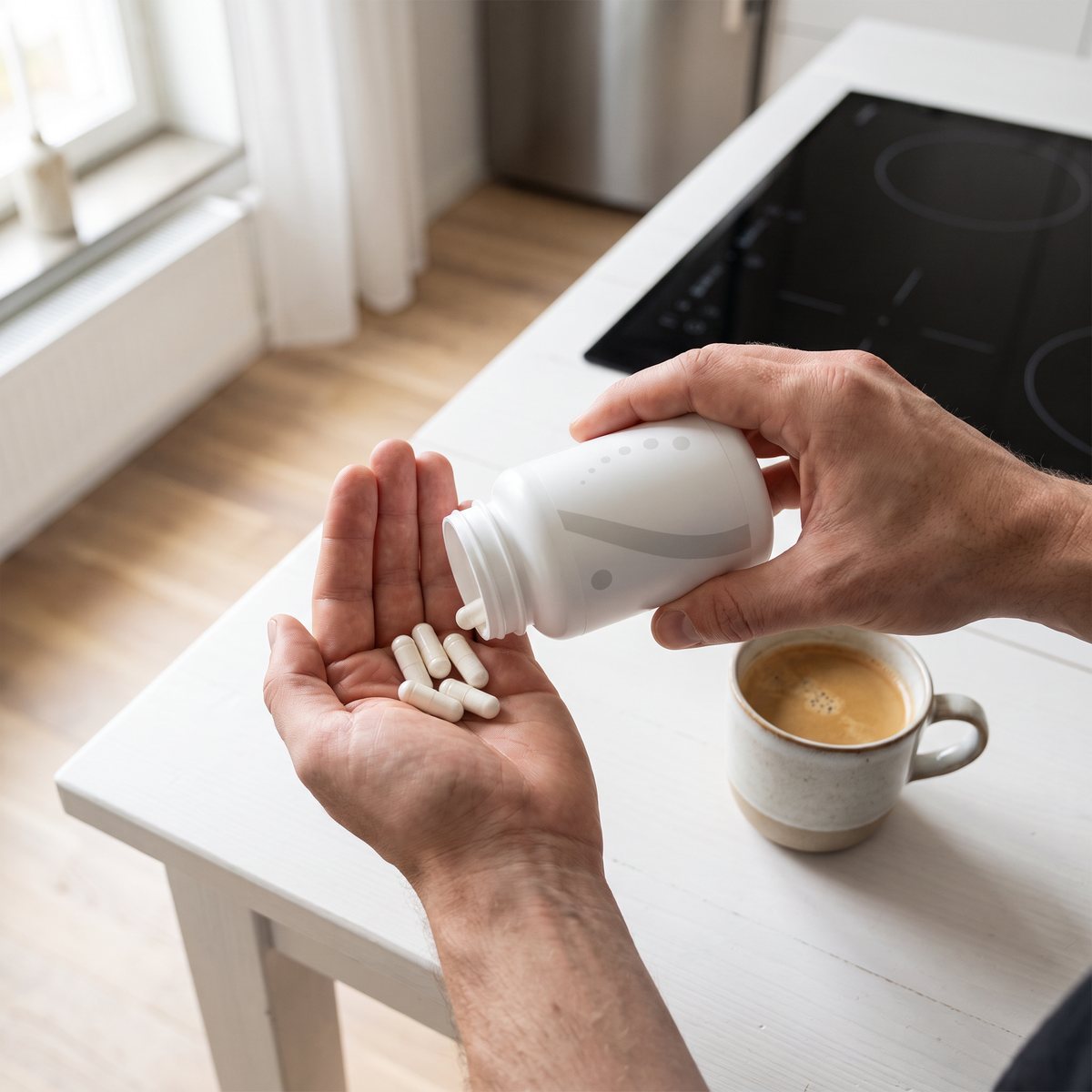 Hand som häller ut vita NAD+-kapslar ur en vit burk över ett köksbord i ett svenskt hem