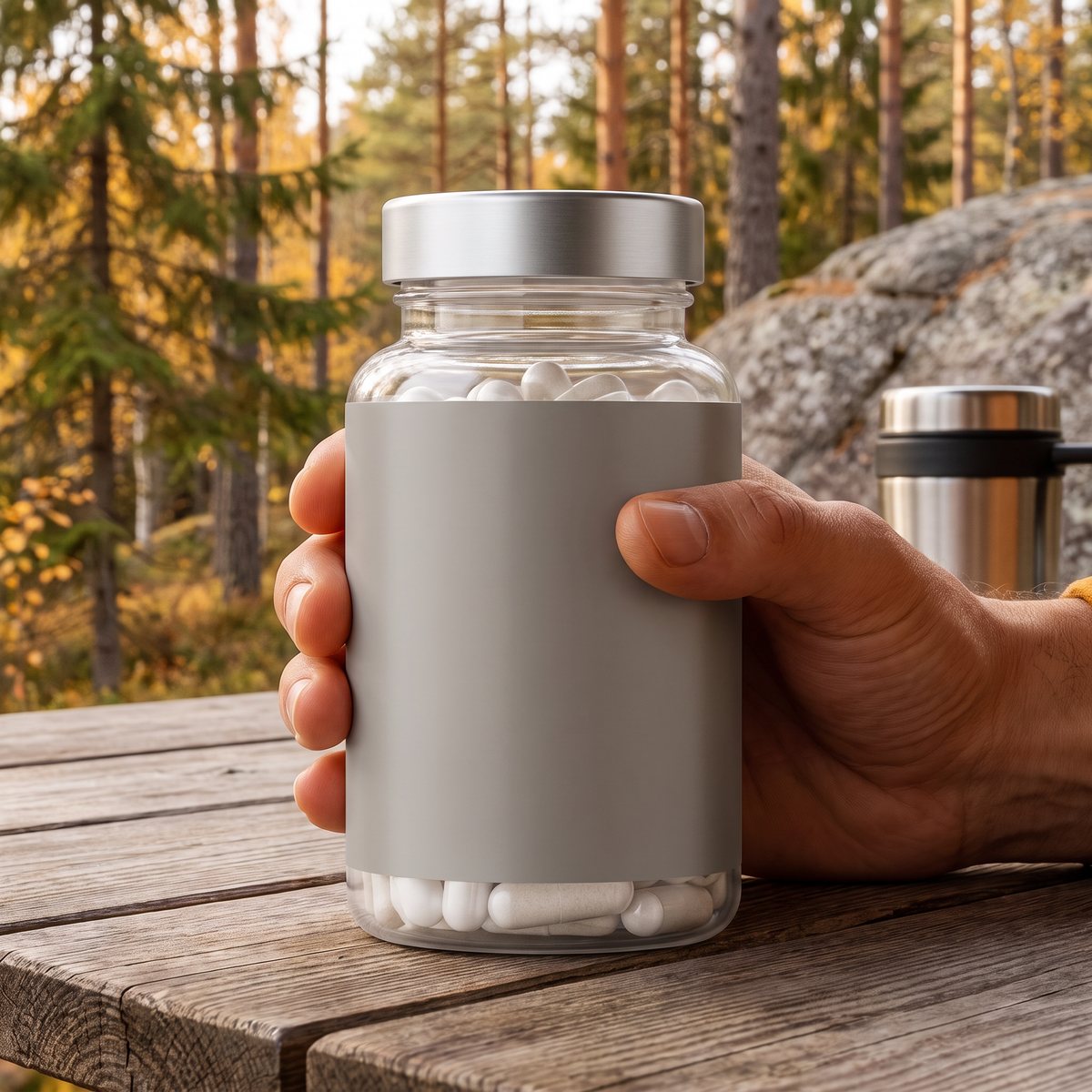 Genomskinlig burk med vita NAD-kapslar på ett träbord vid skogsbryn i svensk höst
