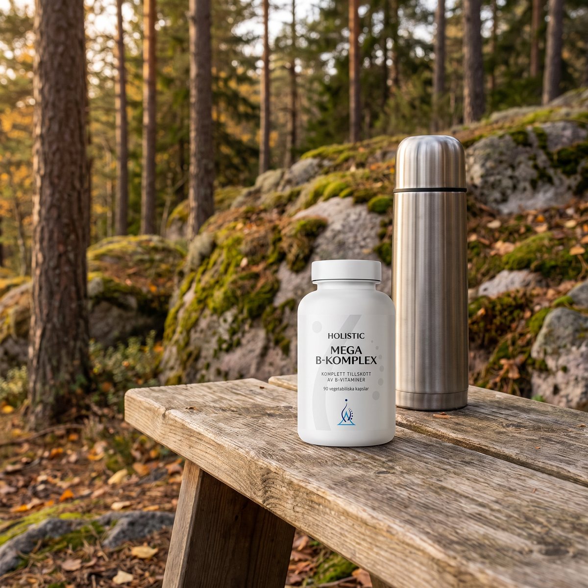 Burk med Holistic Mega B-komplex på en träbänk vid en stuga i svensk höstskog med tallar, granitblock och en termos