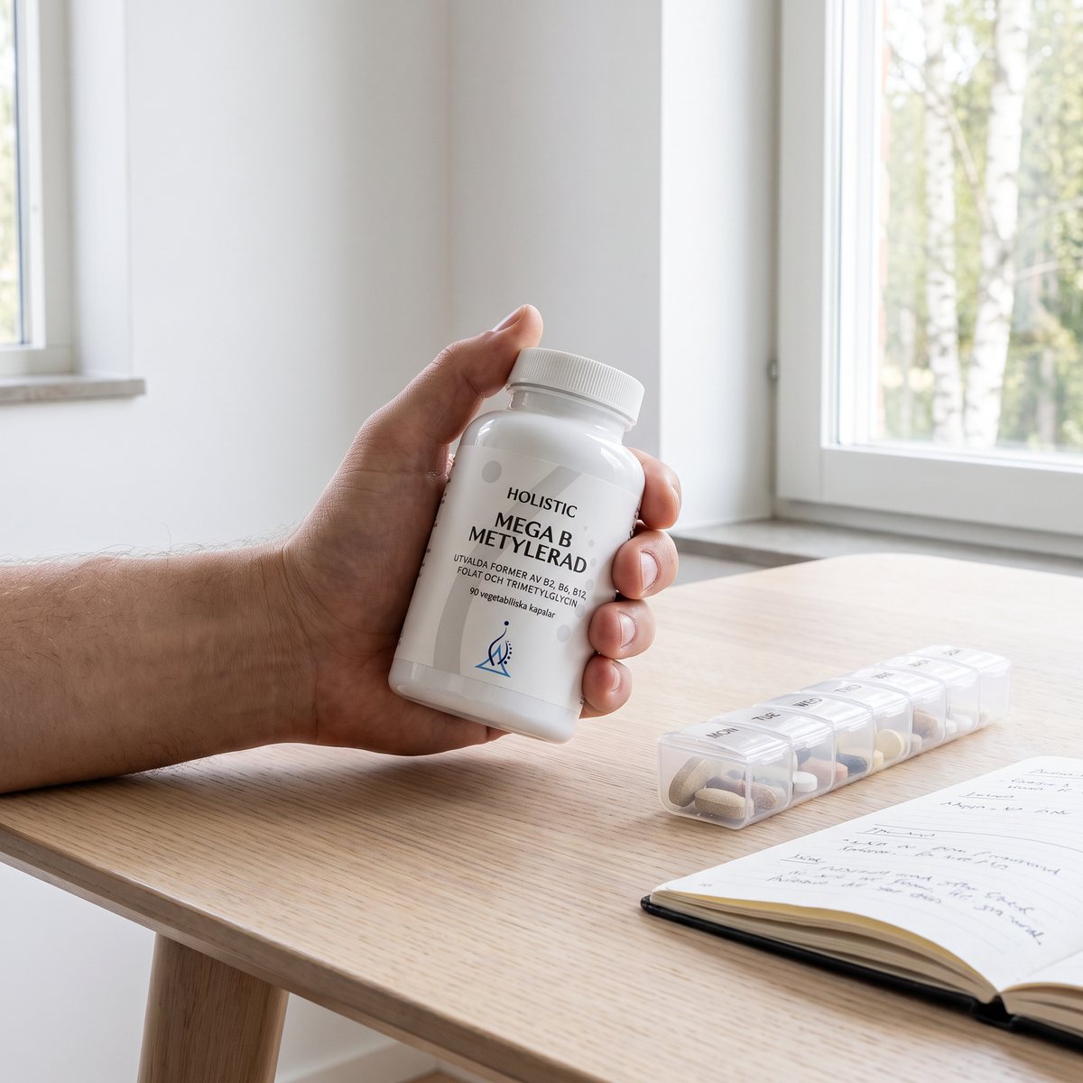 Hand som håller en burk Holistic Mega B Metylerad vid ett skrivbord med pillerdosa och anteckningsbok i en ljus svensk lägenhet