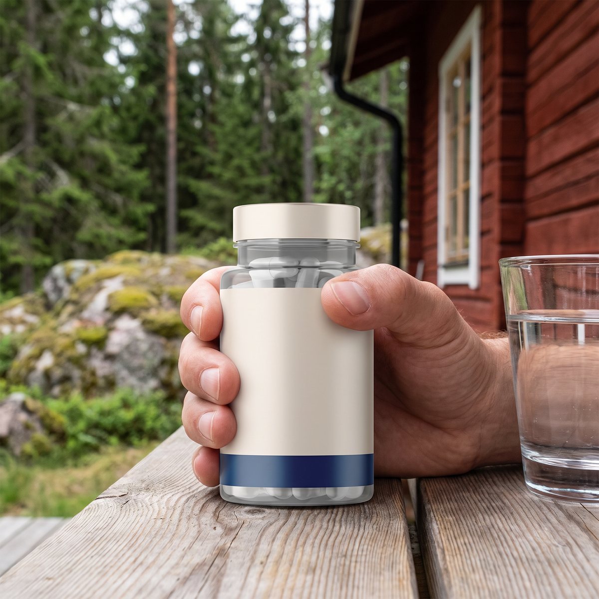 Heela Dubbel Selen-burk i handen på en veranda vid en röd stuga med granskog och granit