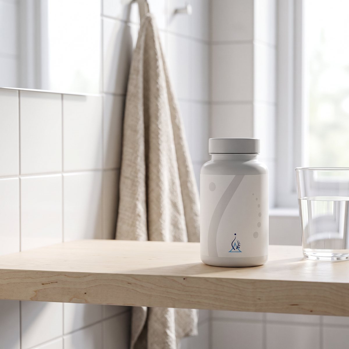 Holistic Selen-burk på en björkhylla i ett svenskt badrum med linnehandduk och ett glas vatten