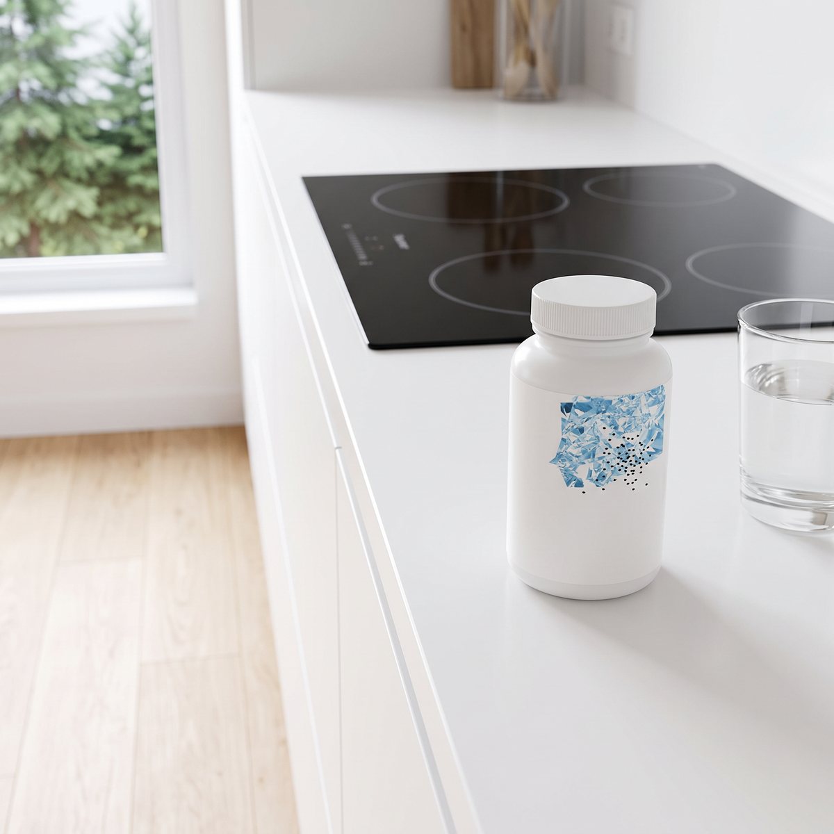 Thorne Selenium-burk på bänken i ett ljust svenskt kök med induktionshäll och ett glas vatten