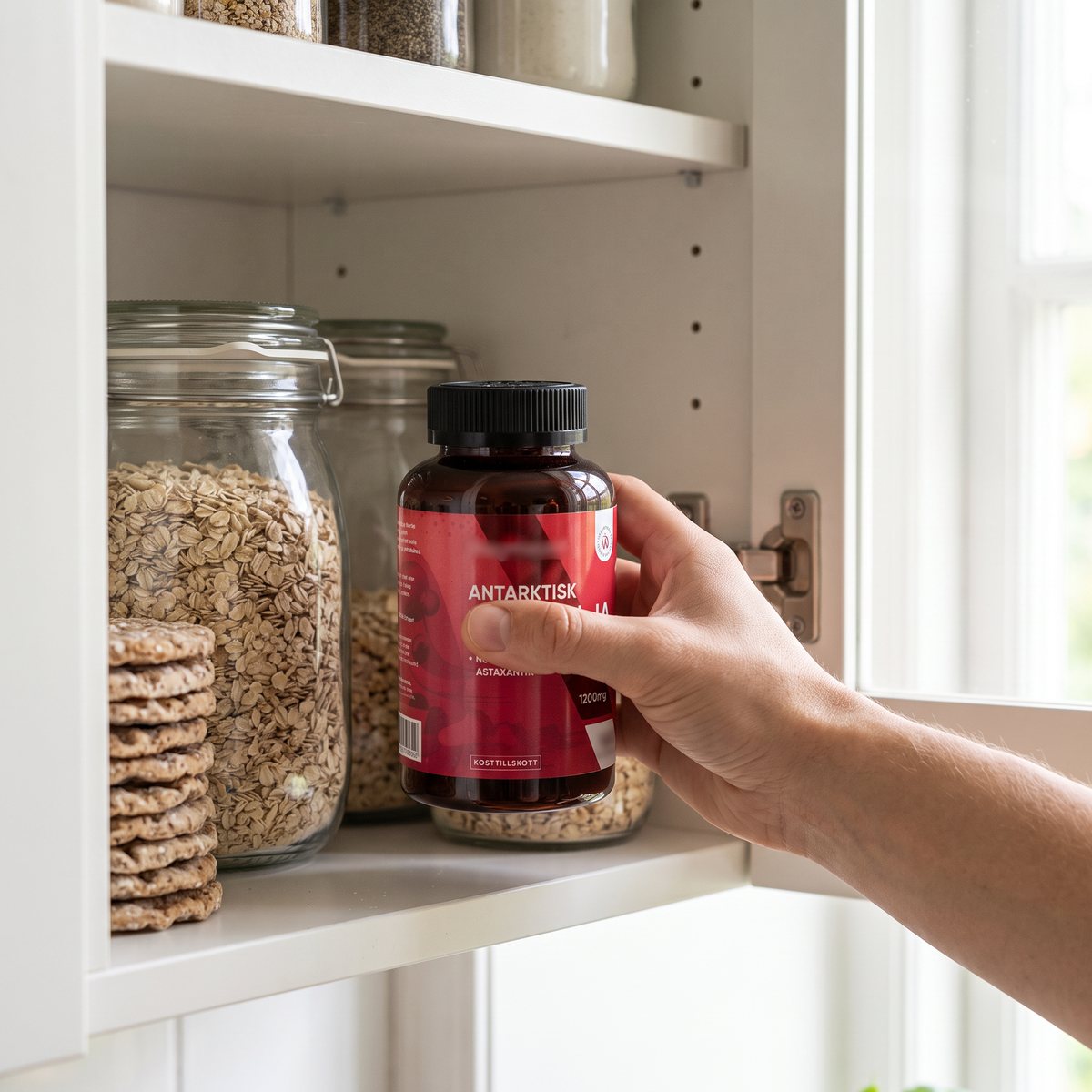 Hand som tar en burk WeightWorld Krillolja från en hylla i ett vitt köksskåp bland glasburkar med havregryn och knäckebröd