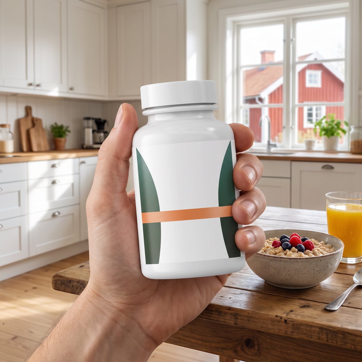 Hand som håller en vit burk med A-vitamin över ett frukostbord i ett ljust svenskt kök med rött trähus utanför fönstret