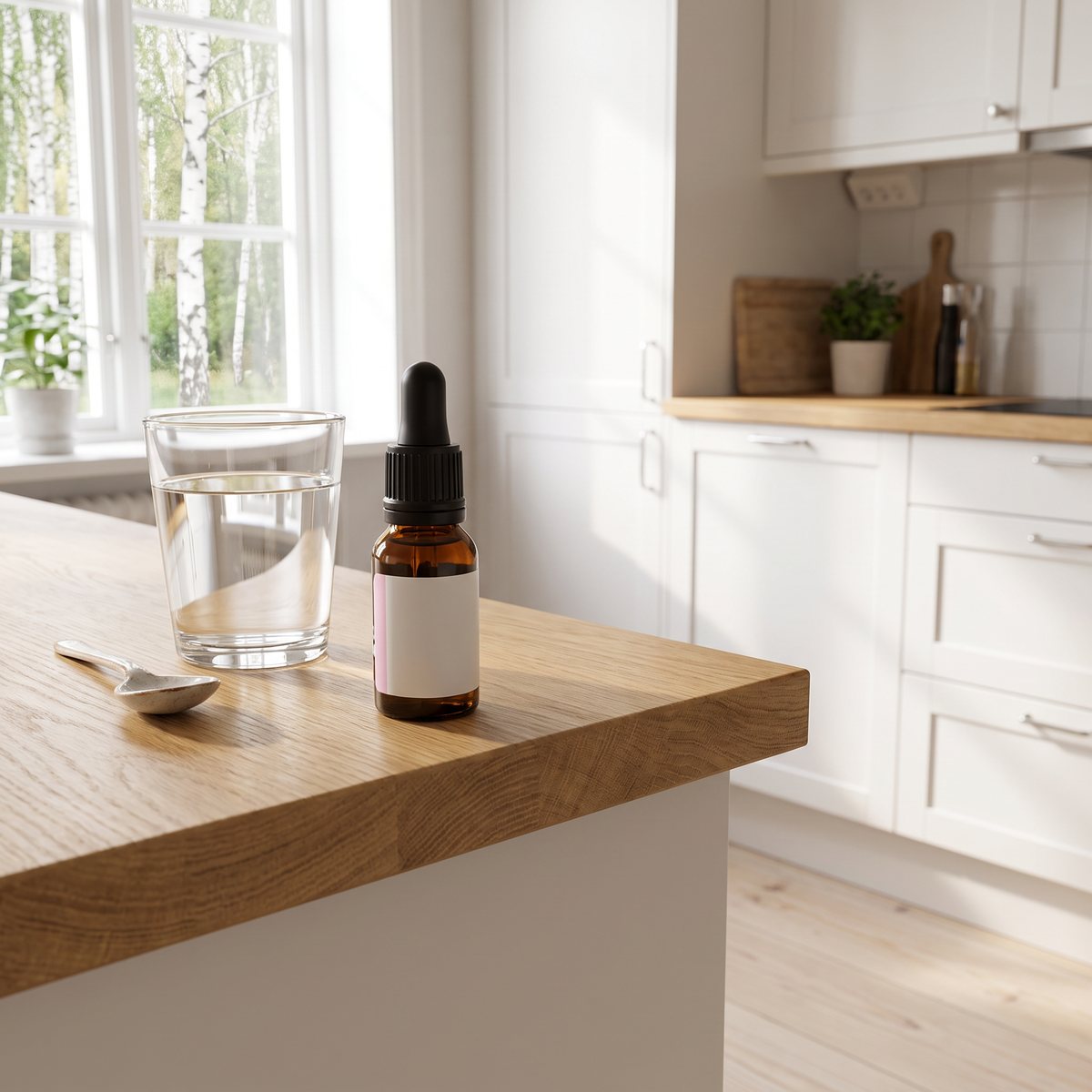 Droppflaska med A-vitamin i brunt glas på en köksbänk i ek, med vattenglas och sked, i ett ljust svenskt kök med björkar utanför fönstret