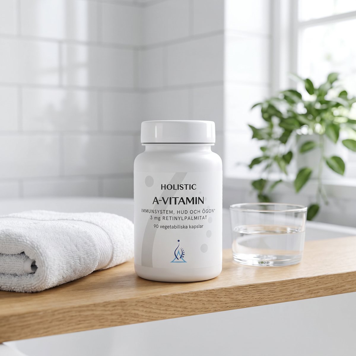 Vit burk med A-vitamin på en hylla i ett ljust svenskt badrum med handduk och vattenglas