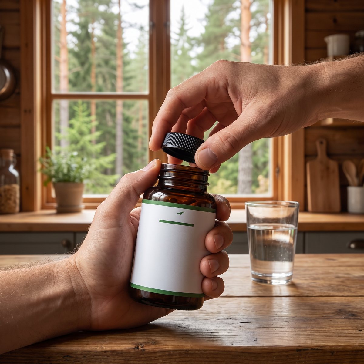 Hand som skruvar av locket på en brun glasburk med A-vitaminkapslar i ett svenskt stugkök med tallskog utanför fönstret