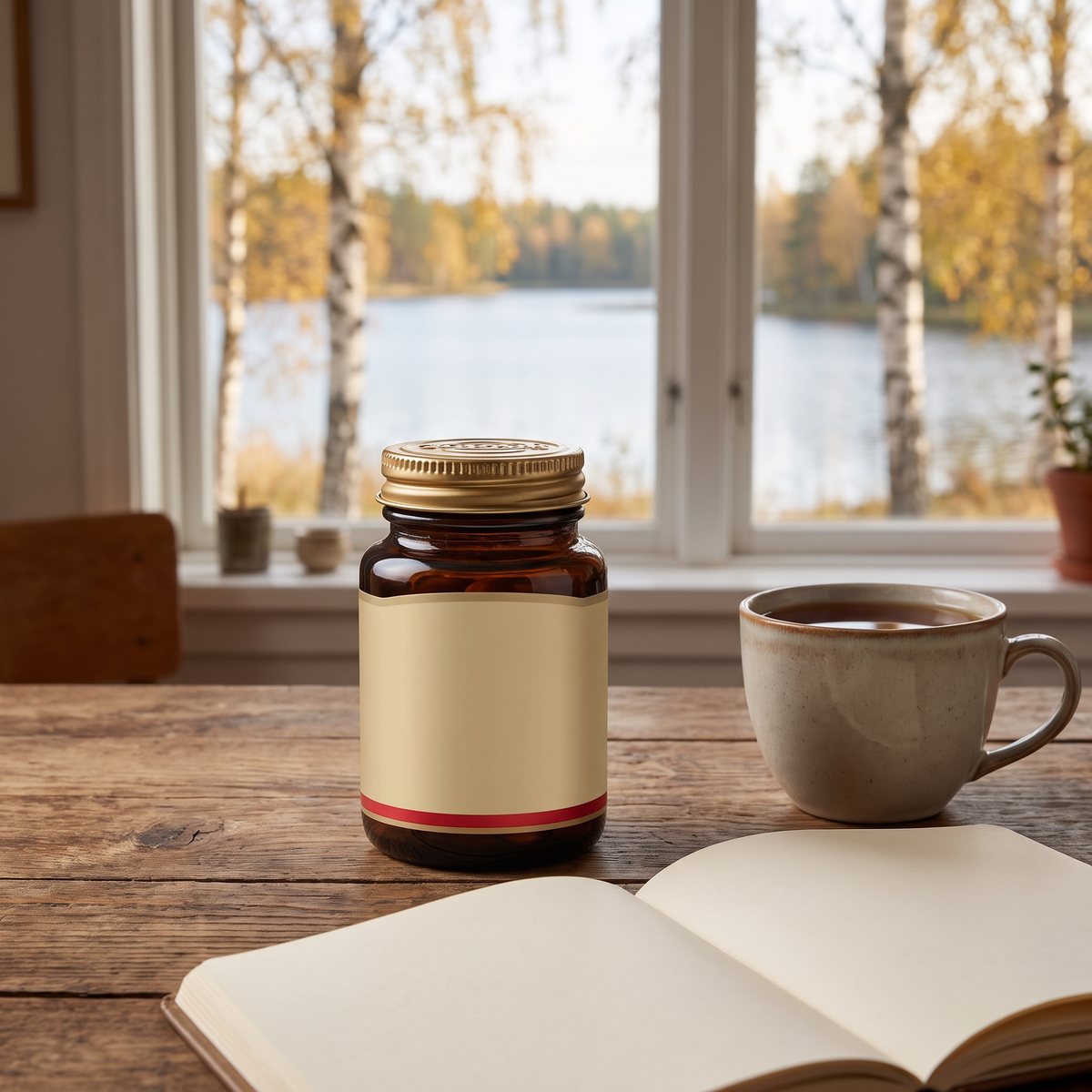 Vit flaska med A-vitaminkapslar på ett fönsterbröd med lingon och yllefilt, snöig granskog utanför fönstret i Sverige