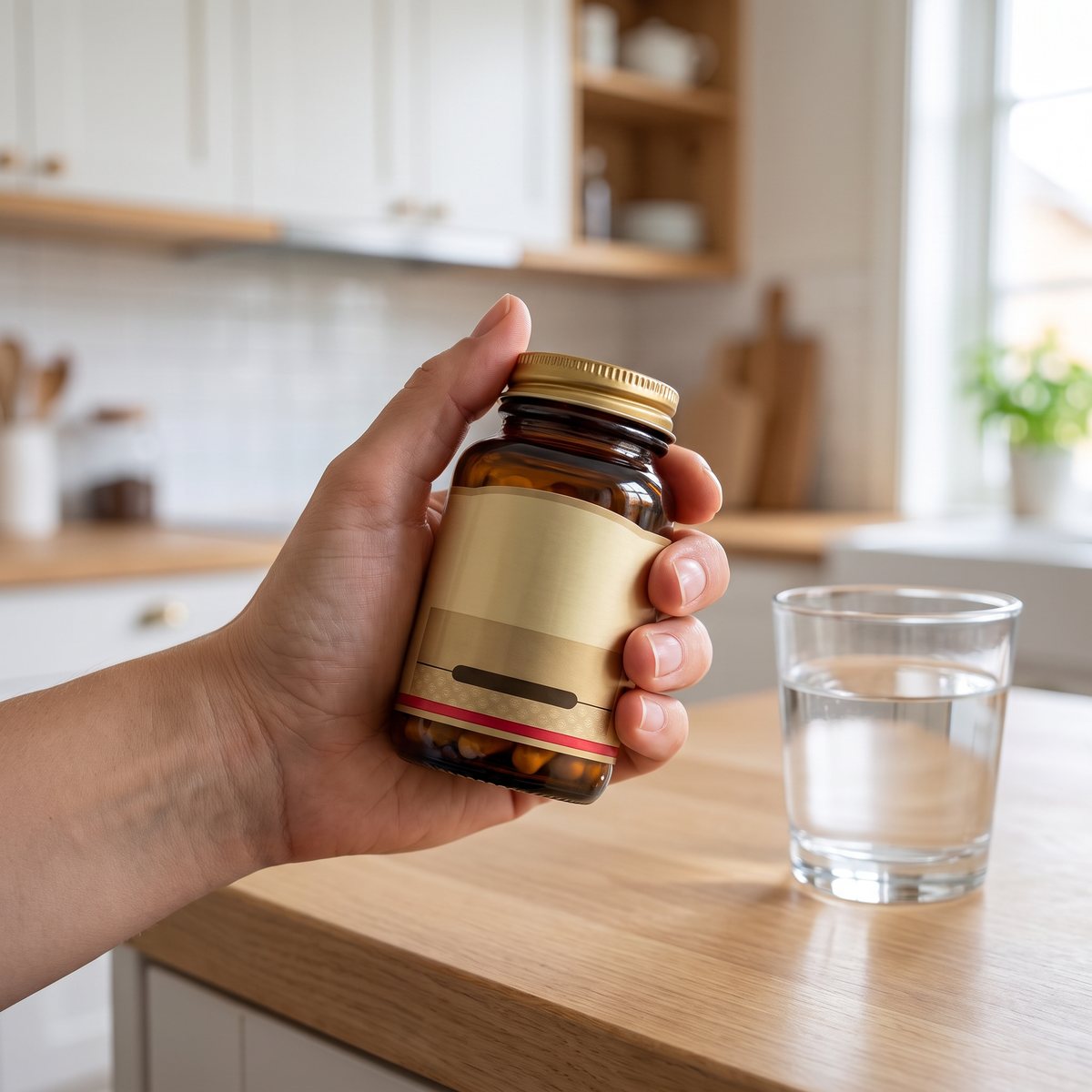 Hand som håller en brun glasburk med Solgar Vitamin B1 över en bänk i ett svenskt kök