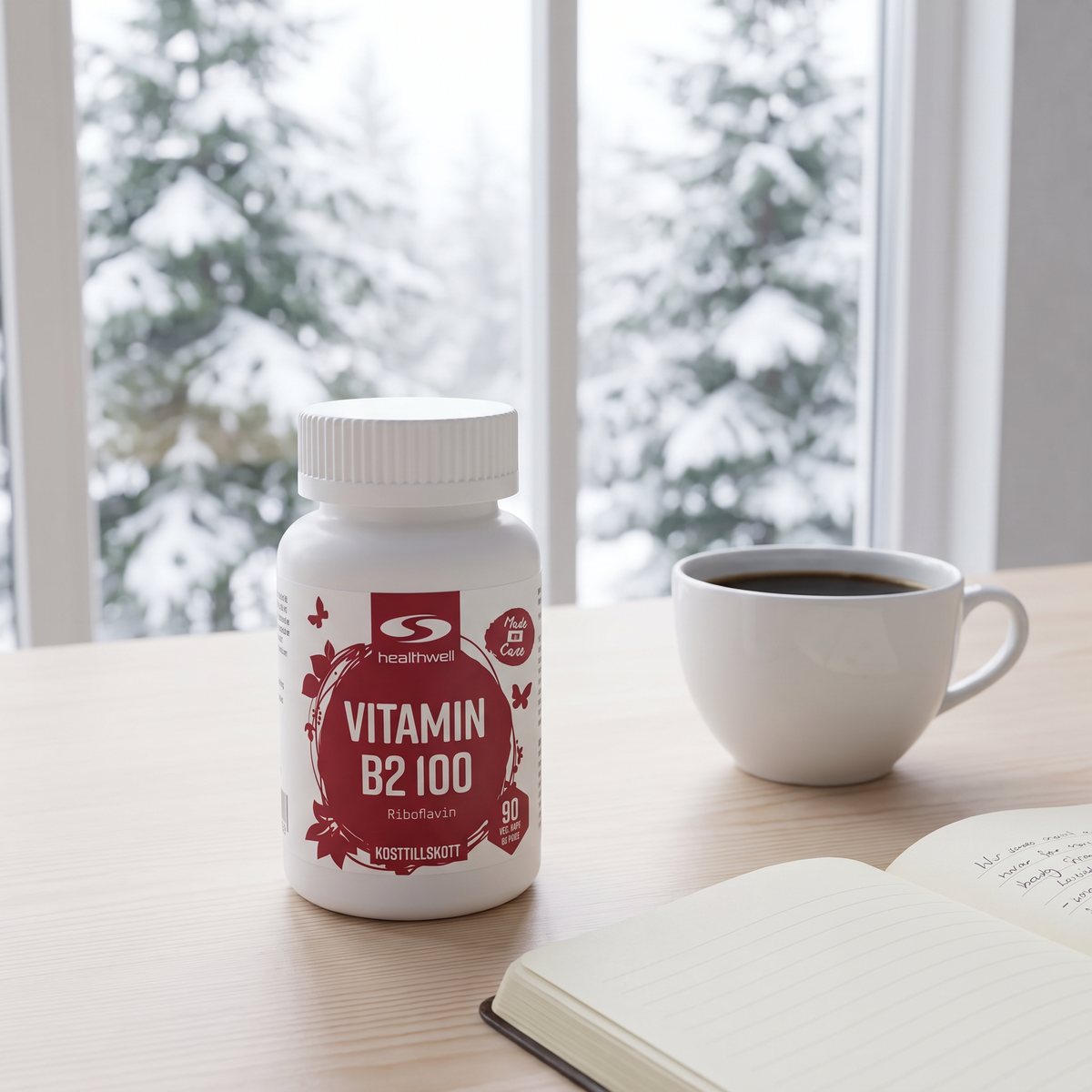 Burk med Healthwell Vitamin B2 100 på ett skrivbord bredvid en kaffekopp med snötäckta granar utanför fönstret
