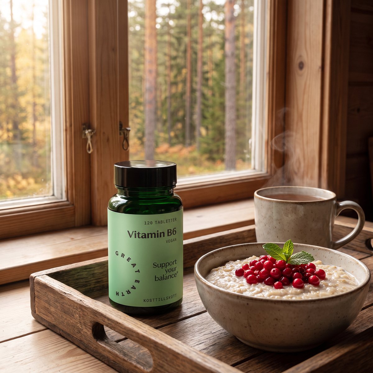 Great Earth Vitamin B6 på en bricka bredvid gröt med lingon i en svensk stuga med tallskog utanför