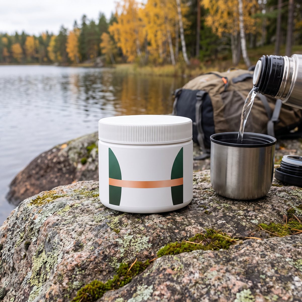 Alpha Plus C-vitamin pH-Neutral på en granithäll vid en svensk sjö en höstdag, med termos och ryggsäck
