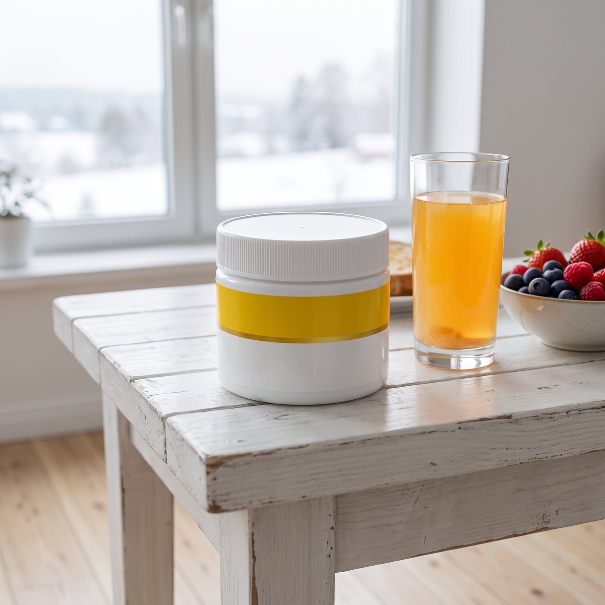 Better You C-vitamin Pulver i burk på ett vitmålat träbord bredvid ett glas med uppblandat pulver, i ett svenskt hem en vintermorgon