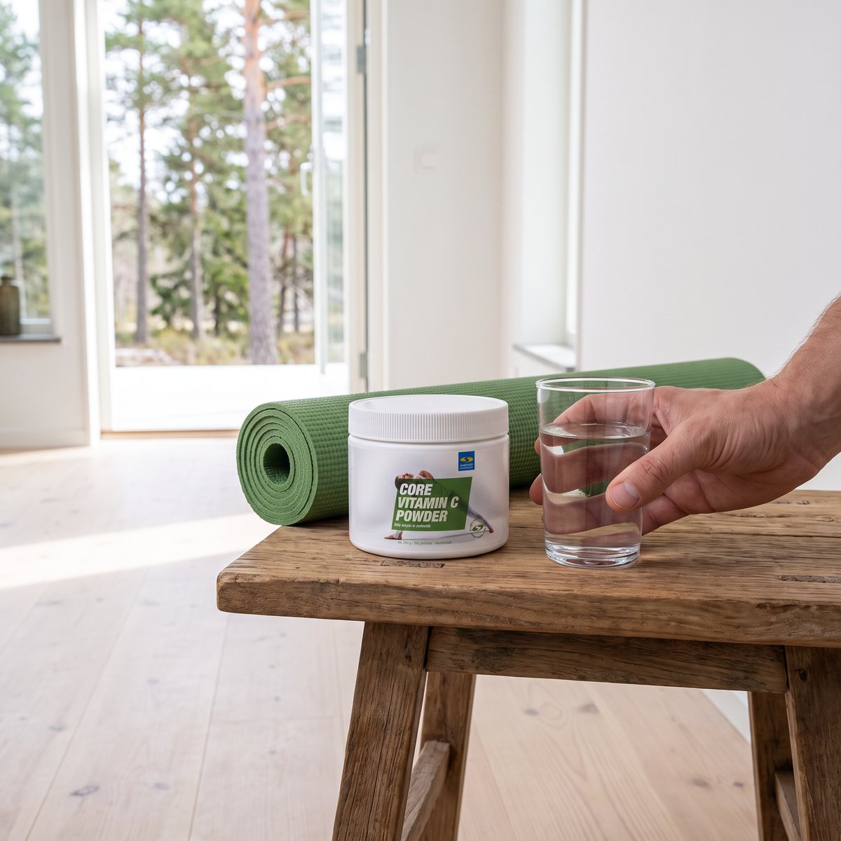 Core Vitamin C Powder på en träbänk bredvid en yogamatta och ett glas vatten, i ett ljust svenskt vardagsrum