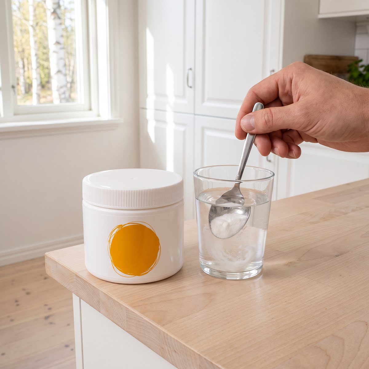 Healthwell Vitamin C Pulver pH-Neutral i en vit burk bredvid ett glas vatten där pulver rörs ut med en sked, i ett svenskt kök