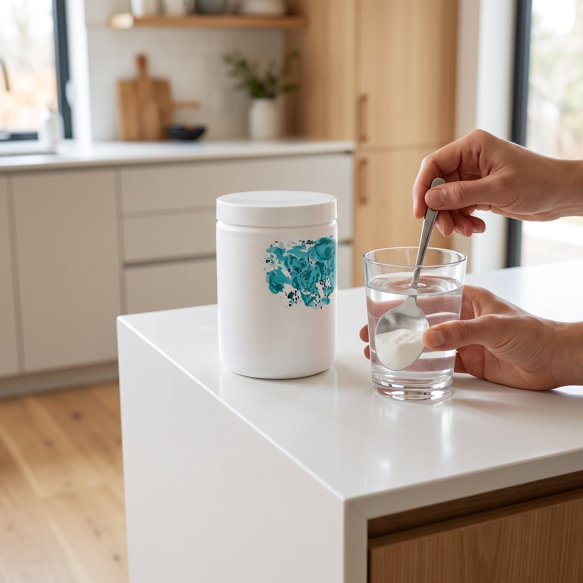 Thorne Buffered C Powder på en vit köksö i ett skandinaviskt kök medan pulver rörs ut i ett glas vatten