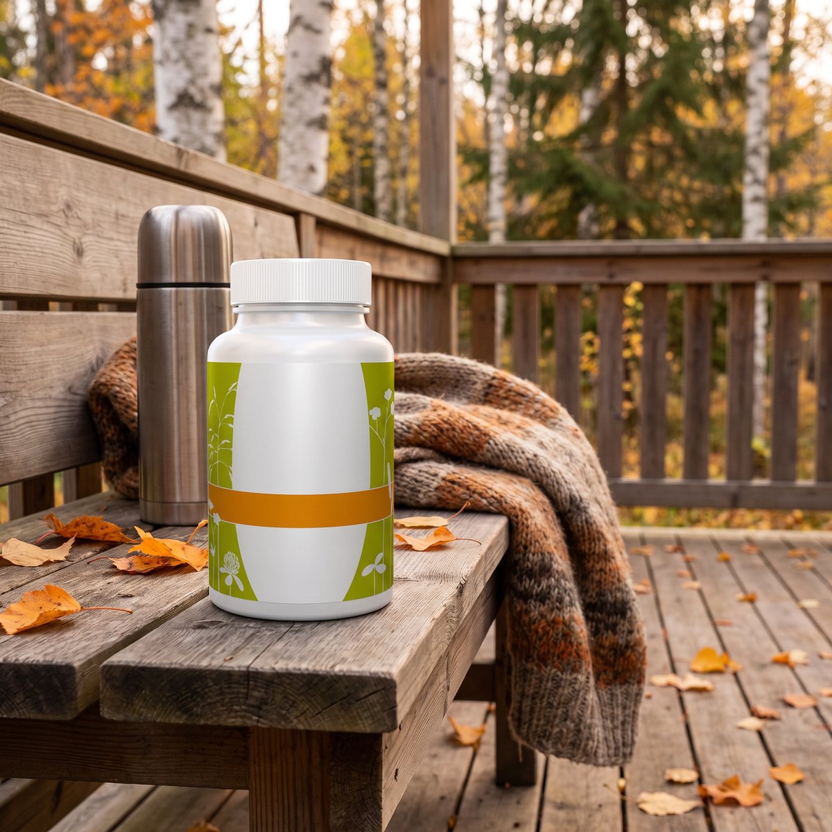 Burk med Alpha Plus C-vitamin Time Release på en träbänk på en svensk veranda en höstdag