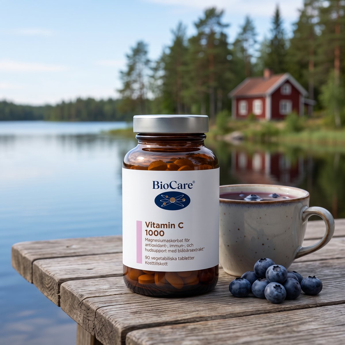 Bärnstensfärgad burk med BioCare Vitamin C 1000 på en träbrygga vid en svensk sjö med blåbär och te