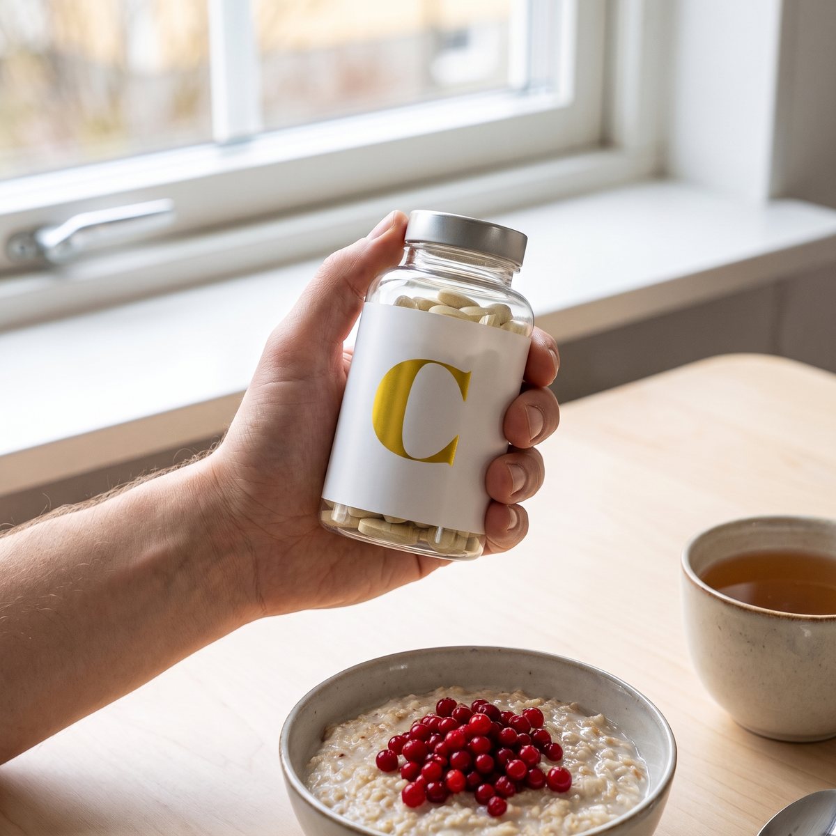 Hand som håller en burk BioSalma C-vitaminkomplex över ett frukostbord med havregrynsgröt och lingon i ett svenskt hem