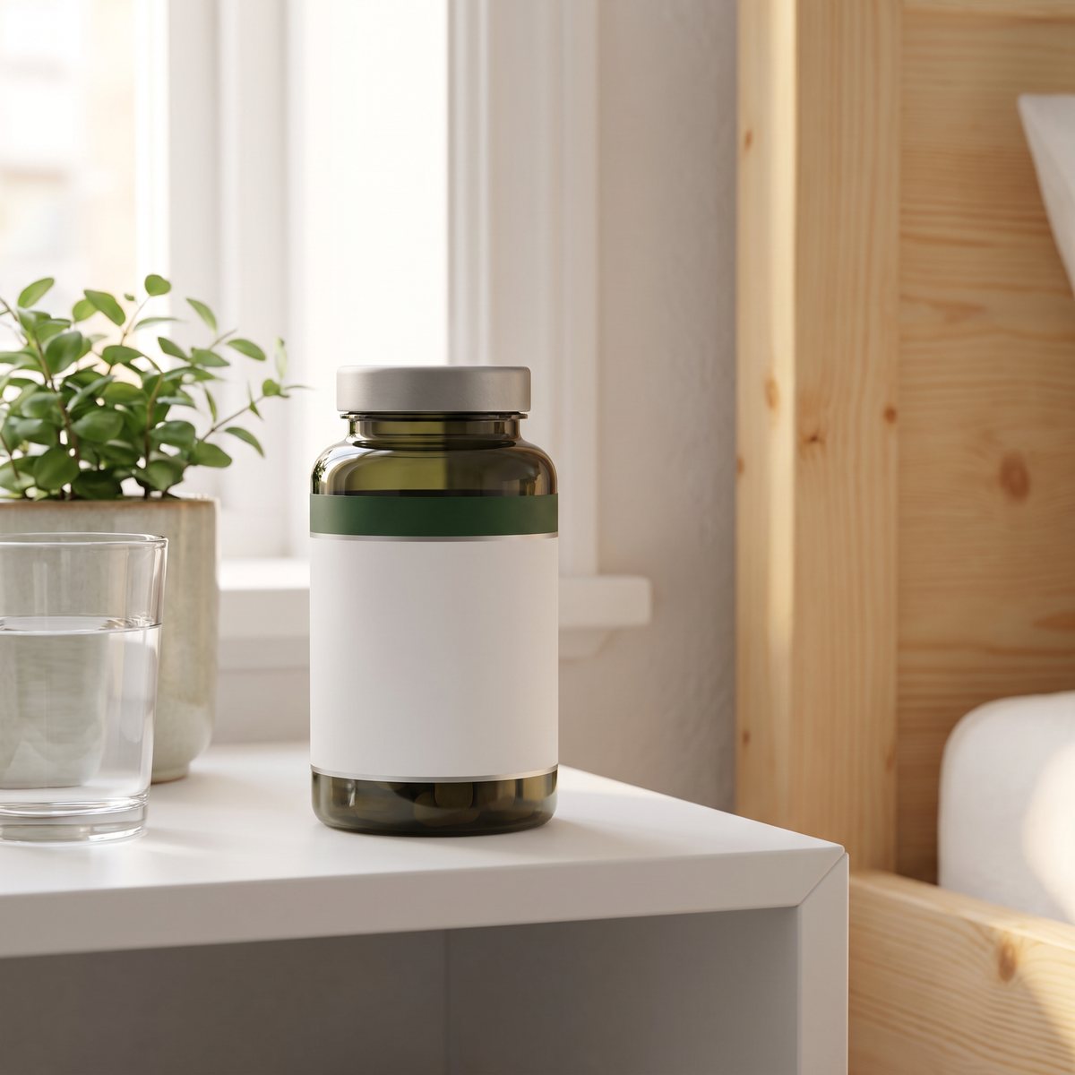 Brun glasburk med Elexir Pharma C-vitamin Komplex på en vit hylla bredvid ett vattenglas och en växt i en svensk bostad