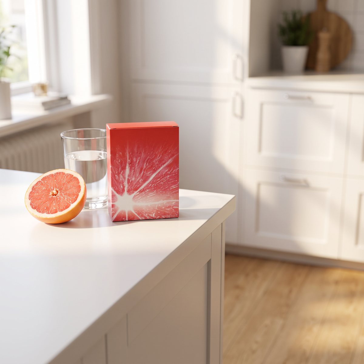 Förpackning med Ester-C C-vitamin på en vit köksbänk bredvid ett glas vatten och en halv grapefrukt i ett svenskt kök