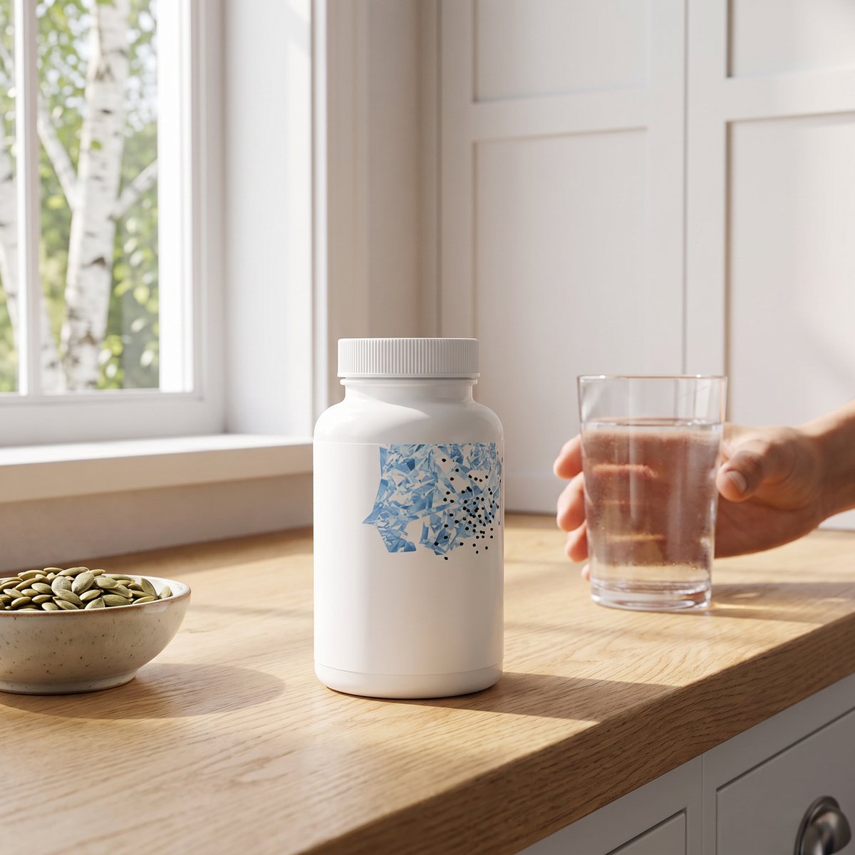 Vit burk med Thorne Zinc Bisglycinate på en köksbänk i ek bredvid ett vattenglas i ett svenskt kök