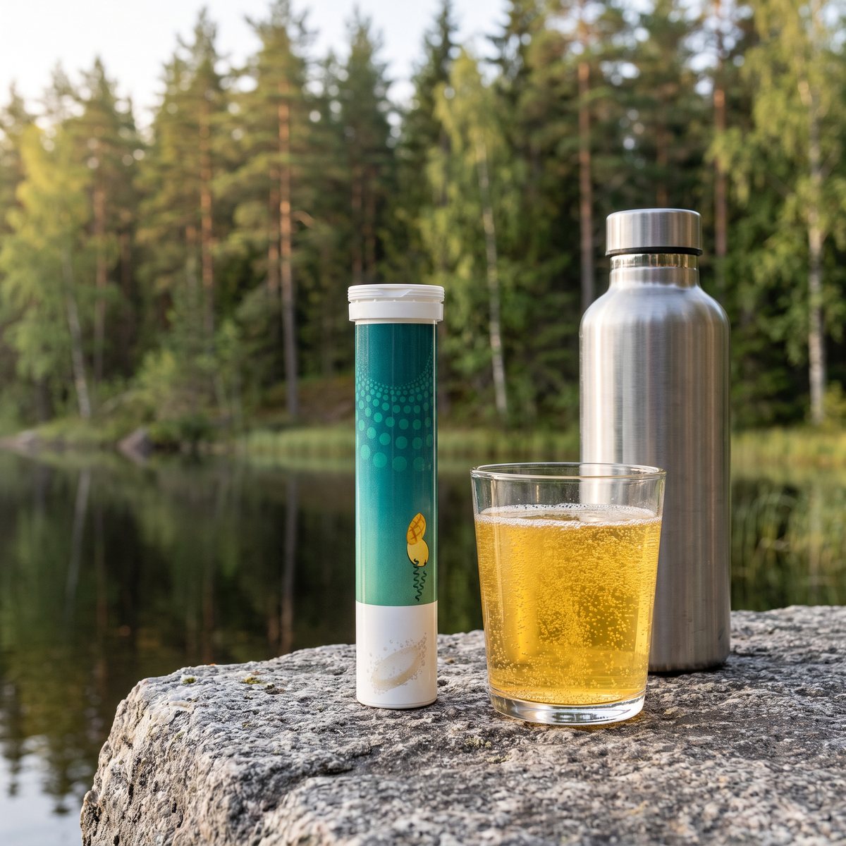 Rör Active Care C-vitamin Spirulina Mango på en granithäll vid en svensk skogssjö med ett glas gult brusdryck