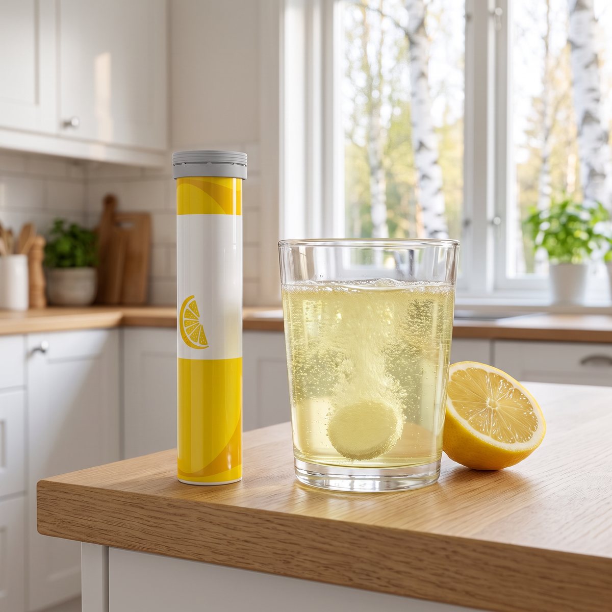 Brustablettrör med C-vitamin citron bredvid ett glas där en tablett löses upp, i ett svenskt kök