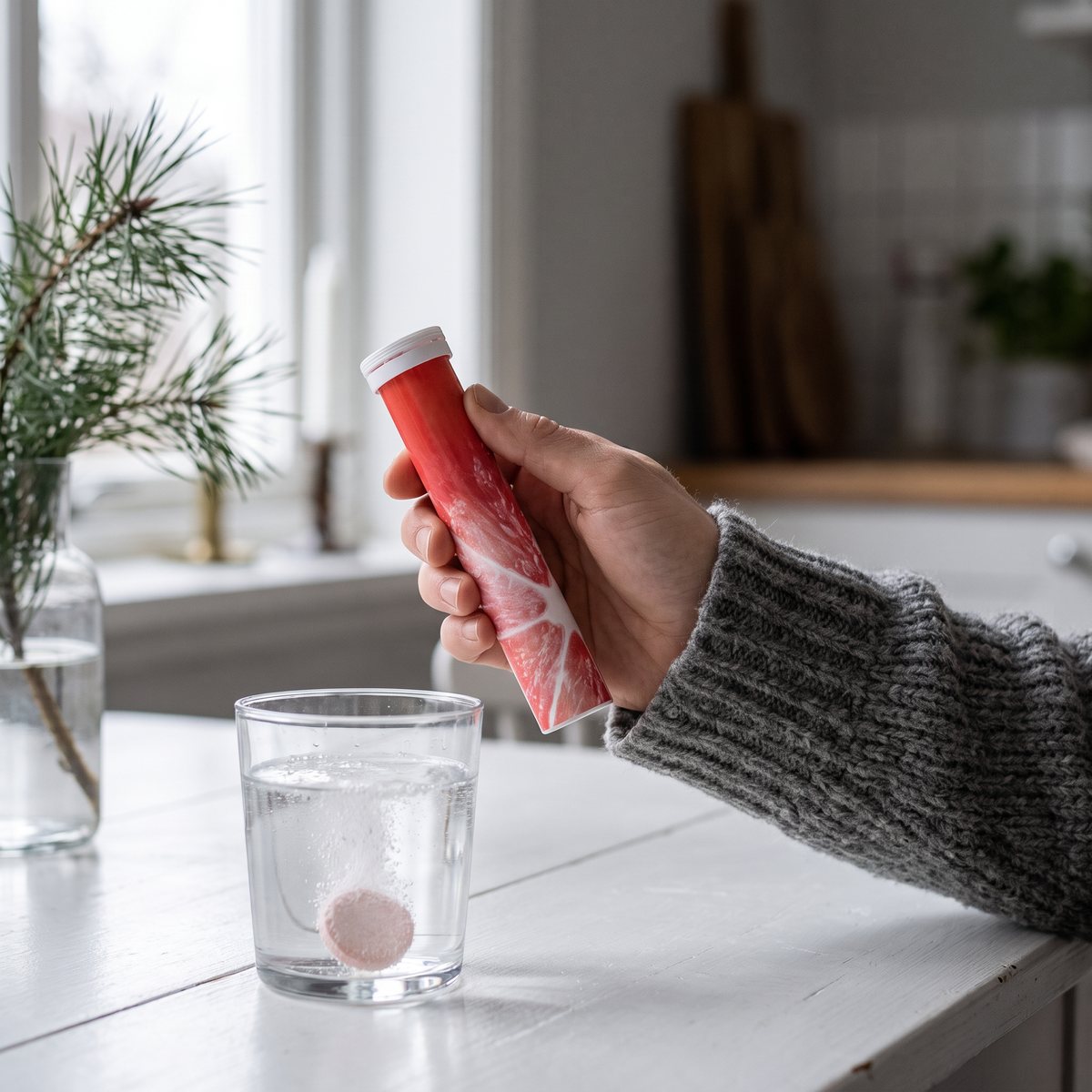 Hand som håller ett rör Ester-C Brus över ett glas vatten med en brustablett, i ett svenskt hem