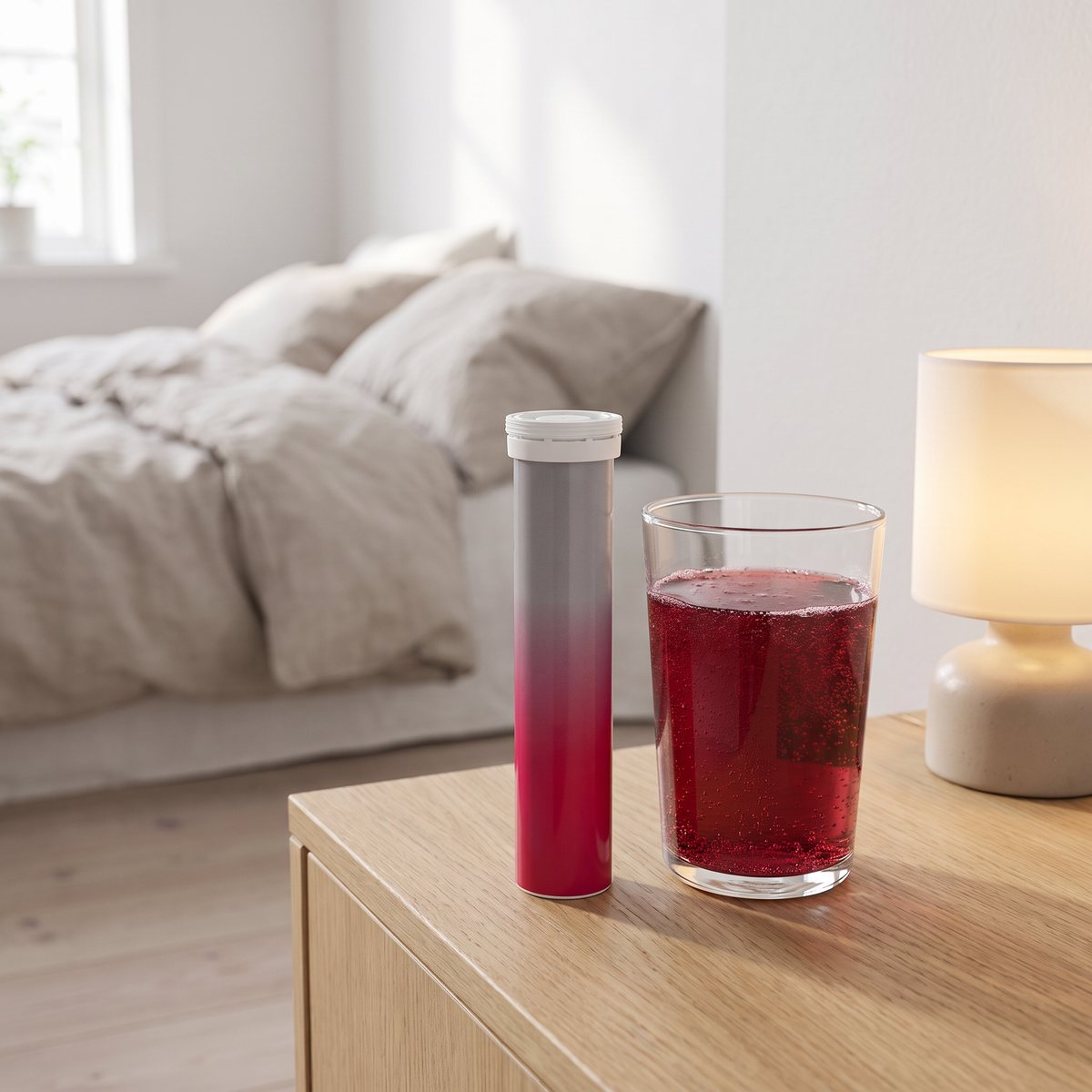 Rör Hjärtats Järn + Vitamin C Svartvinbär på ett sängbord i ett svenskt sovrum med ett glas rött brusdryck