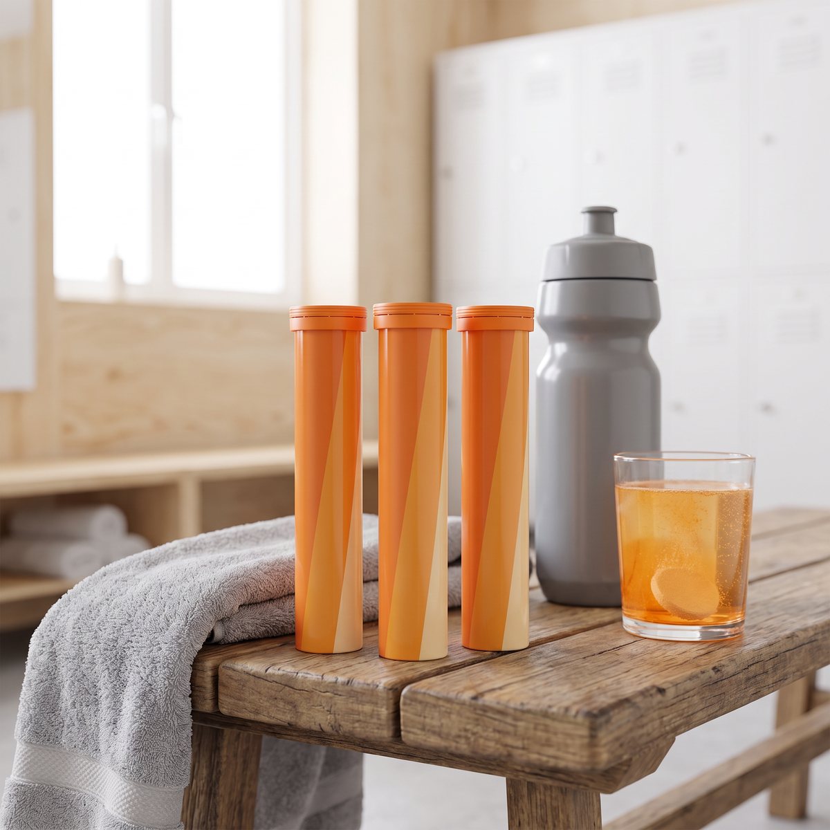 Tre rör ProBrands Vitamin C Orange på en träbänk i ett svenskt omklädningsrum med ett glas apelsinfärgat vatten