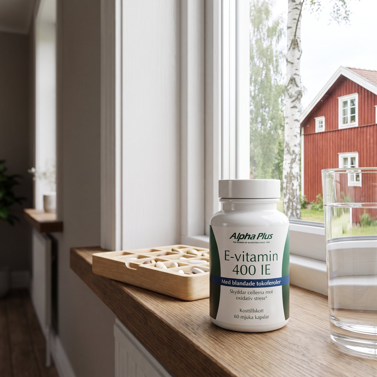 Burk med Alpha Plus E-vitamin 400 IE på en fönsterkarm med pillerdosa och vattenglas, rött trähus och björk utanför